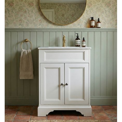 Meuble sous‑vasque DOLIANA 60 cm À poser, Meuble de salle de bain au sol laqué Blanc Mat, plan en céramique, 2 portes à fermeture amortie, poignées zinc, meuble lavabo salle de bain (1/5)