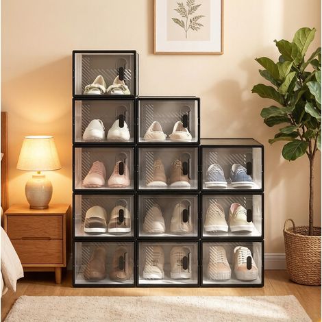 Boîtes à chaussures empilables 12 pcs 25x18,5x35,5 cm, transparent/noir, gain de place FLORAGRACE (1/5)