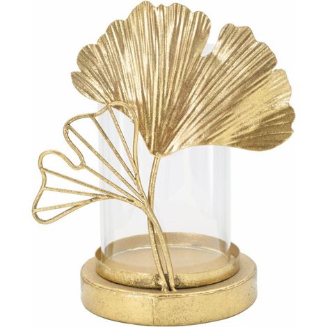 Porta candele Leaf in ferro dorato con foglie ginkgo e portacandela in vetro