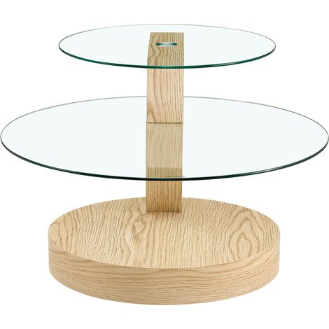 Mesa de centro redonda de vidrio templado de dos niveles con MDF y acabado madera (1/5)