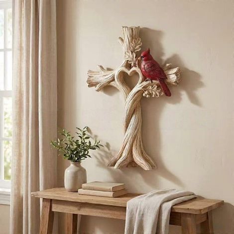 Décoration murale de Noël en bois, croix en forme de cœur de cardinal, piquet commémoratif, décoration rustique pour la maison de campagne. (1/5)