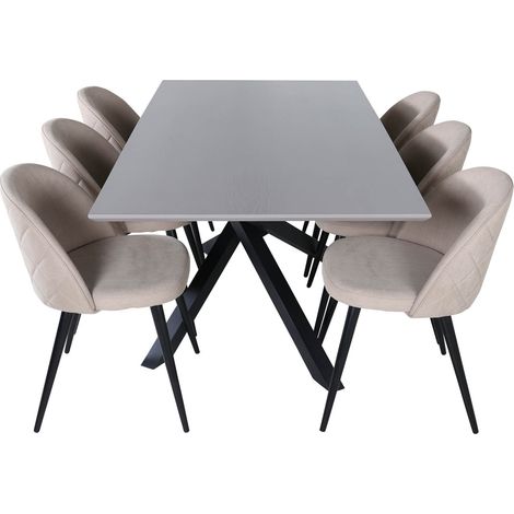 PiazzaGRBL Essgruppe Esstisch grau und 6 Velvet Stitches Esszimmerstühle beige.
