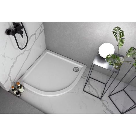 ECOLAM Receveur de douche Semi-circulaire plat Caspar 80x80 cm Hauteur: 5 cm, Profondeur: 3 cm R55, siphon. Receveur de douche acrylique blanc (1/5)