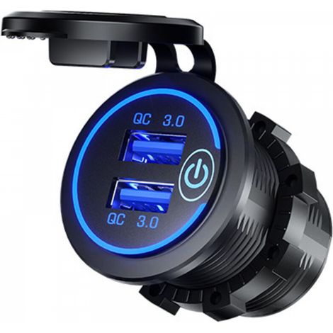 1pc charge rapide 3.0 double prise de chargeur USB étanche 36W 12V 24V prise USB charge rapide avec interrupteur tactile et kit de bricolage à LED bleue pour voiture bateau marin ATV bus camion voitur (1/5)