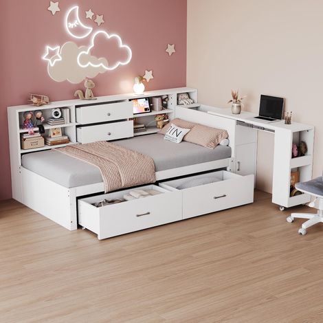 , Canapé-lit en bois 90x200cm,  espace de rangement multifonctionnel,  compartiments et étagères dissimulés,  2 grands tiroirs,  prise électrique multifonctionnelle,  bureau escamotable...