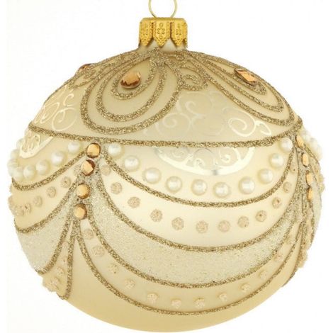Pallina per albero di Natale in vetro beige con decorazioni curvilinee impreziosite da brillanti da 10 cm (1/4)