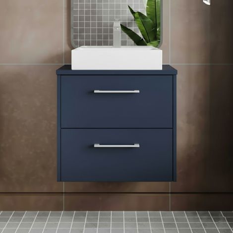 Hudson Reed Juno Wall Hung 2-Drawer Vanity Unit with Worktop 600mm Wide - Midnight Blue (1/4)
