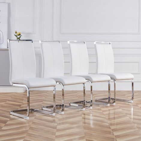 Lot de 4 chaises 54x42x100 cm revêtement simili cuir facile d'entretien structure métallique dossier haut Blanc (1/5)