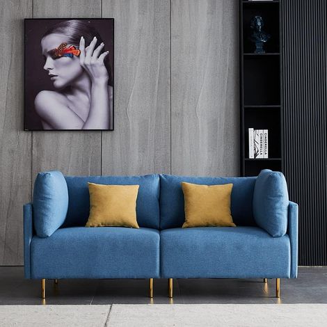 2/3 seater corner sofa with L-shaped footrest - Comfortable linen corner sofa for living room, office (2 seater, blue) (1/5)
