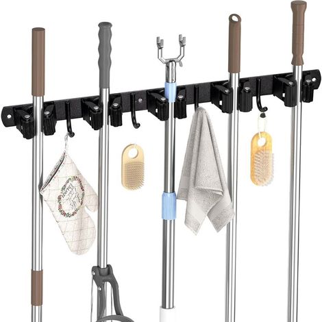 Accroche Balai Mural, 5 Support Balais Mural et 4 Crochets Noir, Porte Balai avec Percage ou Adhésif san Percage, Organisateur pour Salle de bain, Garage, Outils de Jardinage, Cuisine (1/5)
