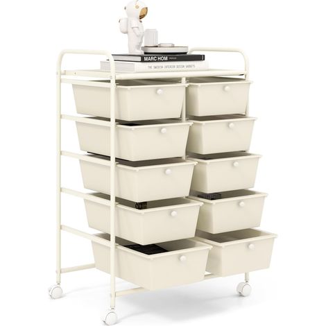 COSTWAY Carrello a 10 Cassetti con Ruote, Carrello di Stoccaggio con Stabilità Elevata, Carrello Multiuso per Casa Ufficio e Scuola, 65,5 x 37 x 87 cm (Bianco) (1/5)