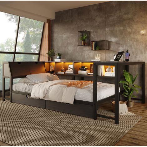 MODFU – Lit enfant 90x200 cm MDF et métal noir – Bureau intégré et LED multicolore – Rangements et 2 tiroirs sous le lit – Idéal chambre enfant ou étudiant – Noir (1/5)