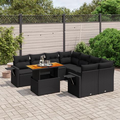 Ensemble Salon Jardin 9 Places Noir Résine Tressée - Canapé d'Angle Modulable avec Table Réglable et Coussins Lavables (1/3)