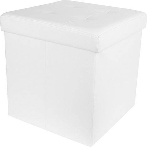Pouf Coffre Pliable Carré Simili Cuir Blanc Capitonné (1/4)