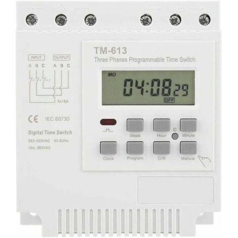TM163 Relais Temporisé Programmable 380V / 5060Hz 16A Relais Hebdomadaire Commutateur de Minuterie de Puissance Interrupteur de Minuterie Triphasé Horloge Numérique Intelligente