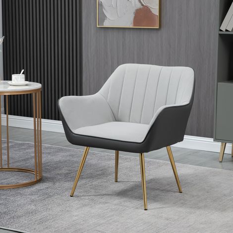Silla de Cuero Sintético y Terciopelo con Respaldo a Rayas Patas Doradas y Asiento Acolchado para Salón Dormitorio Gris (1/5)