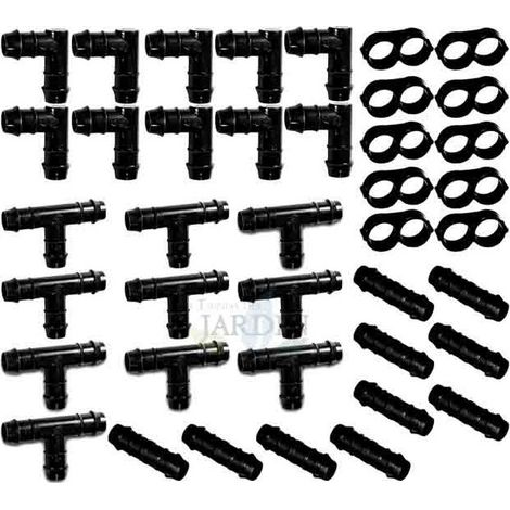 Suinga – Pack d'irrigation goutte à goutte 16 mm – 10 tés, 10 coudes, 10 jonctions, 10 réducteurs – Accessoires en plastique résistant aux chocs