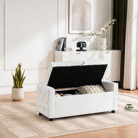 Banquette de rangement blanche 122 cm en similicuir avec coffre (1/5)