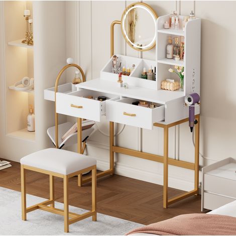 Coiffeuse avec led, miroir hd, prises, usb et porte-sèche-cheveux, blanc et doré, 80x138,5x40 cm (1/5)