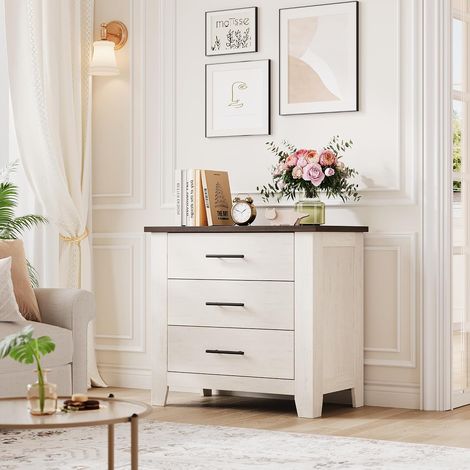 Commode 3 Tiroirs avec Plateau Effet Chêne et Pieds Renforcés, Blanc (1/5)