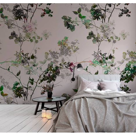 Papier peint panoramique rose pastel pour chambre de fille | Tapisserie panoramique à motif fleuri | Papier peint panoramique vert et gris - 270 x 500 cm (5 pièces) (1/5)