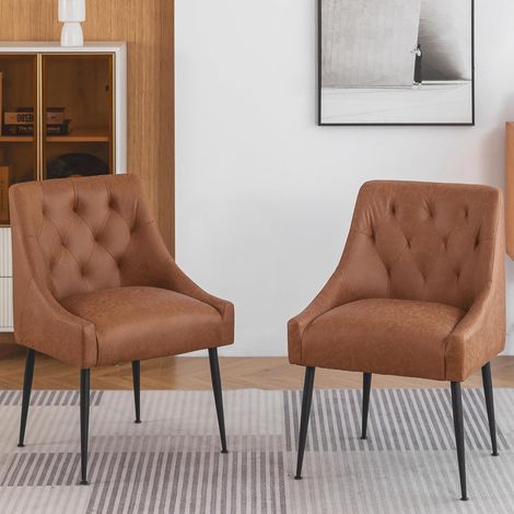 Chaise de Salle à Manger Marron Clair en Velours, Chaise à Dossier Matelassé avec Accoudoirs, Pieds Métalliques Noirs, Chaise de Repas Élégante pour Cuisine (1/5)