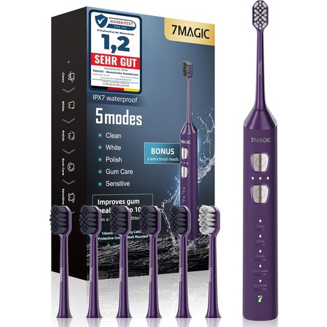 Brosse à dents électrique sonique, 180 jours d'autonomie, Violet Technologie sonique, fonctionnement silencieux, 3 intensités, 5 modes de brossage, 40000 VPM, IPX7, minuteur, recharge USB-C (1/5)