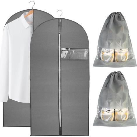 2 Housse Vetements à Suspendre et 2 Sacs à Chaussures, 60 x 120 cm Housses de Vêtements, Housse de Vetement Anti Poussière, Housses de Protection avec Zi pour Chemise Costumes (1/5)