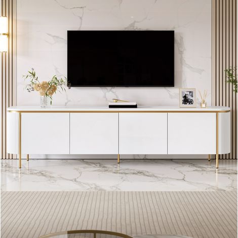 Meuble TV bas 180 cm à 6 portes avec passe-câbles, extrémités arrondies et pieds en métal, MDF blanc (1/5)