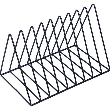 Schwarzes Metall-Schallplattenregal, Plattenspielerständer, Schreibtisch-Organizer, Dokumentensortierer, Papierhalter und Schallplattenhalter — Dreieckiges, freistehendes Schallplattenregal mit 9 Fäch (1/5)
