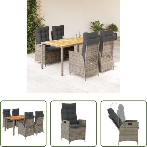 Gartentisch - 5-tlg. Garten-Essgruppe mit Kissen Grau Poly Rattan (1/5)