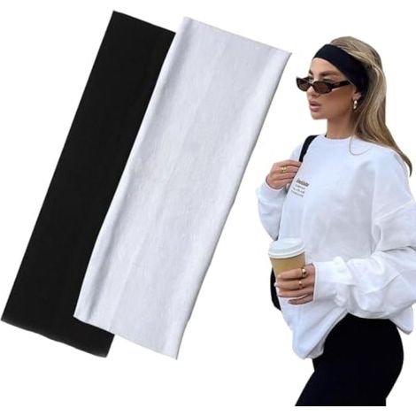 Beyamis Bandeau de sport large, souple et extensible, noir et blanc (lot de 2) (1/5)