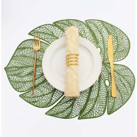 Lot de 8 sets de table en vinyle en forme de feuille pour table de salle à manger, set de table en plastique métallique facile à nettoyer, vert, 45 x 35 cm'Parent'-'- (1/5)