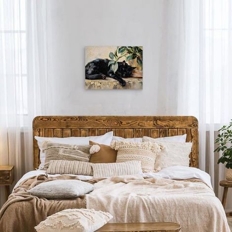 Affiche Chat Rétro, Tableau Toile Huile Chat Noir Endormi Avec Plante Pour Chambre 30x40 Cm Sans Sans cadre Multicolore TABLEAU (1/5)
