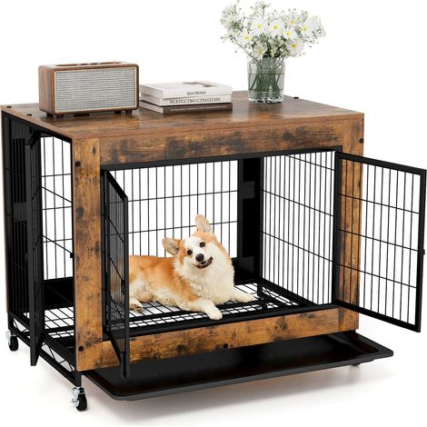 COSTWAY Dog Crate Furniture Industrial Dog Kennel w/ Flip-up Top-Brown (1/5)