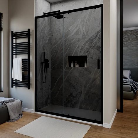 Porta Doccia per Nicchia Scorrevole 100 cm Profili in Alluminio Nero Opaco Vetro 6mm Fumè Regolabile 97-101cm h190 - Reversibile Mod. Sicily (1/5)
