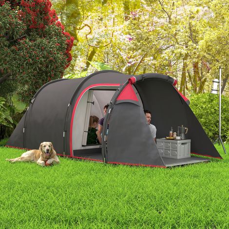 Tente tunnel camping 2-3 personnes - 426×206×154cm - portes+fenêtres latérales - sac transport - espace vie+chambre - gris