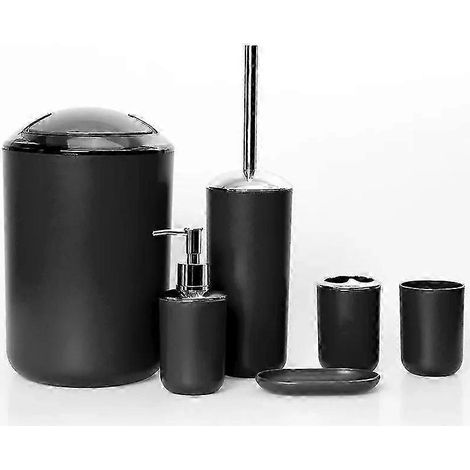 Lot 6 accessoires salle bain - Porte-brosse à dents + gobelet - Distributeur savon - Brosse WC - Corbeille - Noir (1/5)