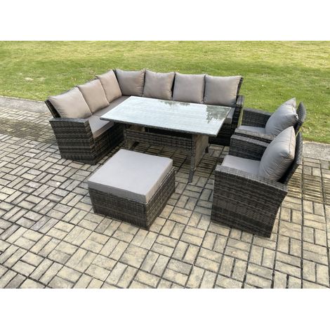 Fimous 9 Seater High Back Rattan Garden Furniture Set Corner Sofa With Rectangular Dining Table 2 Arm Chairs Big Footstool (1/5)