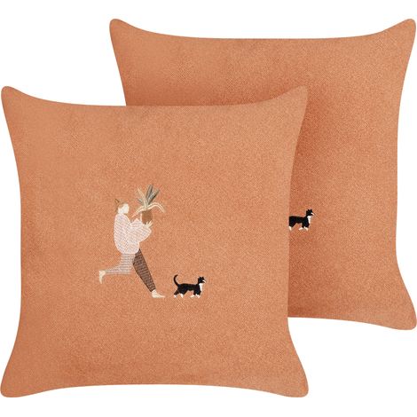 Conjunto de 2 cojines con bordado 45 x 45 cm fundas extraíbles accesorio para el hogar sala de estar naranja Marigold