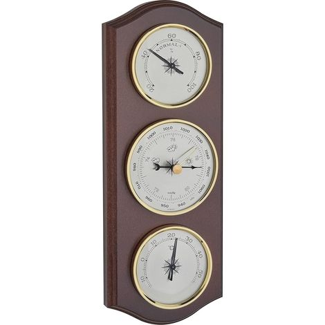 Station météo analogique, 20.1000.03, avec baromètre, thermomètre, hygromètre, pour prévisions météo locales, en bois massif, couleur noyer