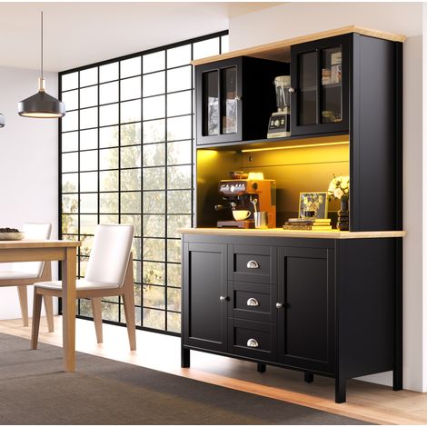 Aparador alto 120 x 40 x 179 cm con LED, 4 puertas, 3 cajones, negro OKMYHOME