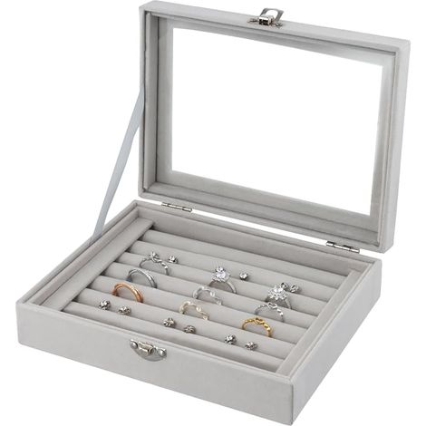 Boîte à bijoux, bague organiseur en velours avec couvercle transparent, 7 compartiments, pour ménages privés, bijouteries, magasins d'accessoires (1/5)