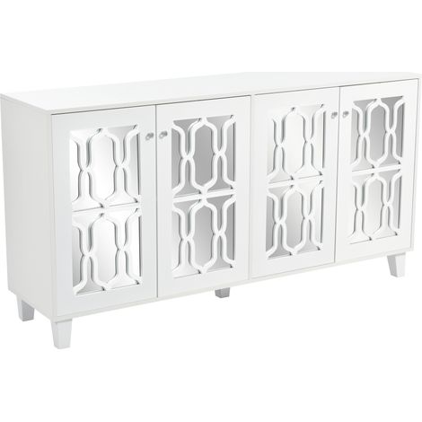 Buffet blanc miroir avec poignées en cristal, quatre portes, avec étagère mobile, pour salon et salle à manger, 160 x 40 x 84 cm (1/5)