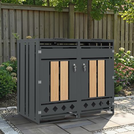 Armario de almacenamiento de basura de jardín de acero galvanizado gris y efecto madera, 2 compartimentos, tapa hidráulica y puertas con cerradura (1/5)