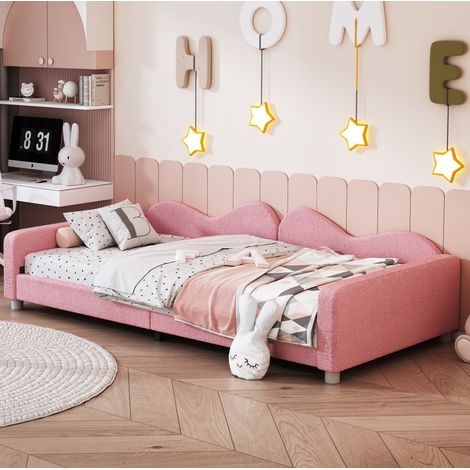 Bett Kinderbett Polsterbett 90x200 cm, Teddy-Stoff rosa, mit Kopfteil, Rückenlehne und Armlehnen, Lattenrost (1/5)