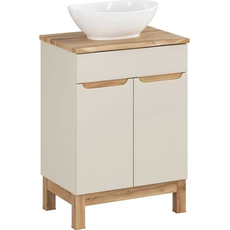 Conjunto ERMANO cachemire 60cm: mueble bajo lavabo + encimera para lavabo biselada + lavabo sobre encimera blanco (1/5)