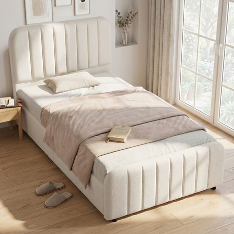 Cama infantil tapizada 90x200 cm, estilo moderno, lino beige, con cabecero, somier de láminas y arcón hidráulico (1/5)