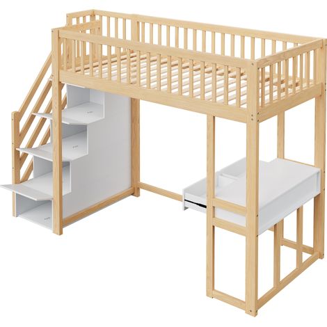 Cama alta de madera 90 x 200 cm con escritorio y escalera con almacenaje (1/5)