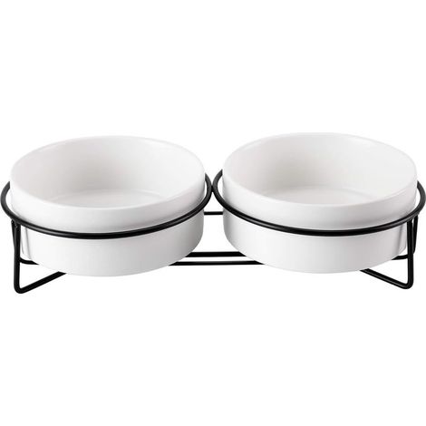 （28.5×14.5×7cm）Blanc+Blanc Gamelle Chat Surélevée, Gamelle Eau Chat en Céramique avec Support Métal, Double Gamelle Anti Renversement, 2x400ml (1/4)